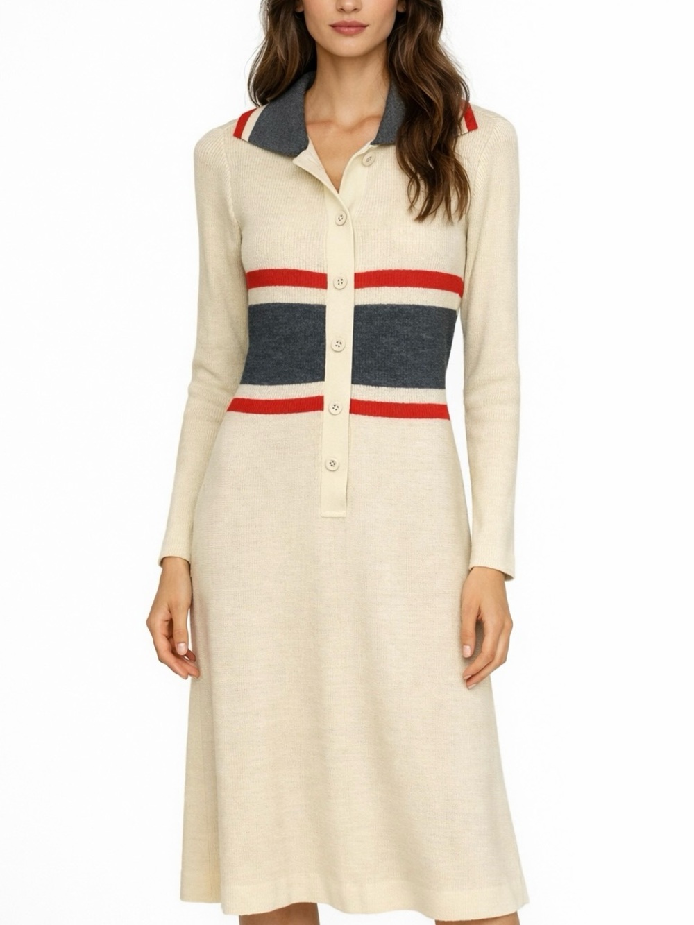 Vintage Knit Button‑Front Dress with Striped Detail